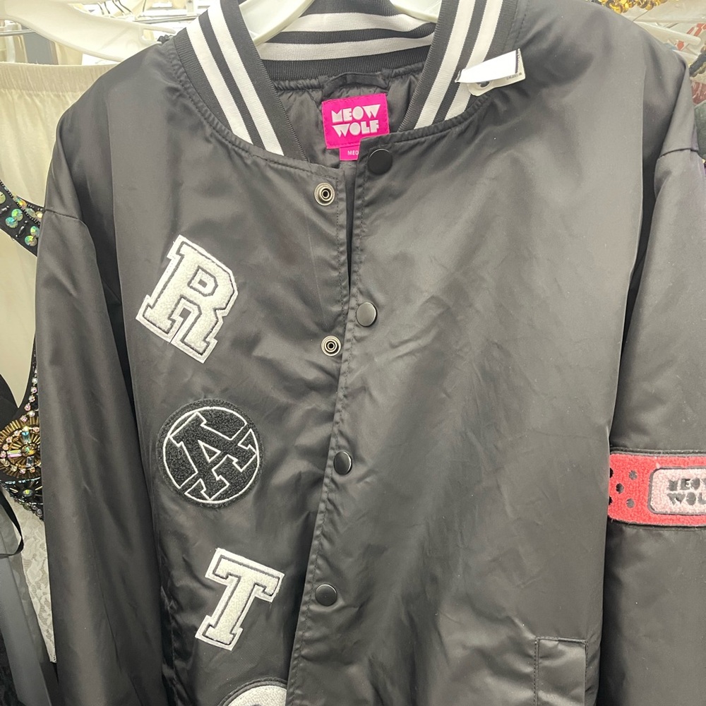 Black Meow Wolf Varsity Jacket size medium men’s unisex the logo is damaged